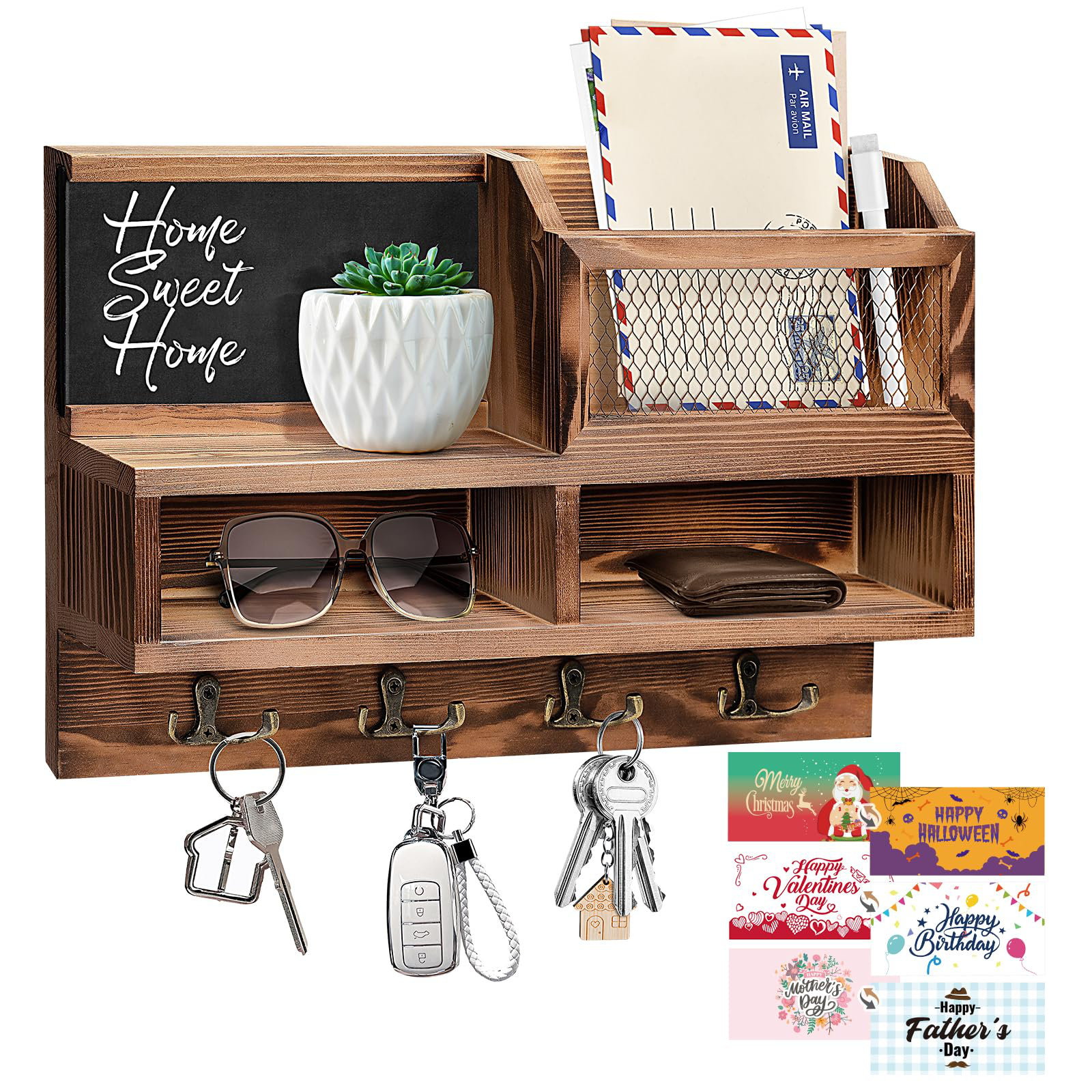 Crestone Key Holder Wall Mount With Chalkboard Mirror Greeting Cards Key Mail Holder Storage Key Rack Shelf Brown Wayfair